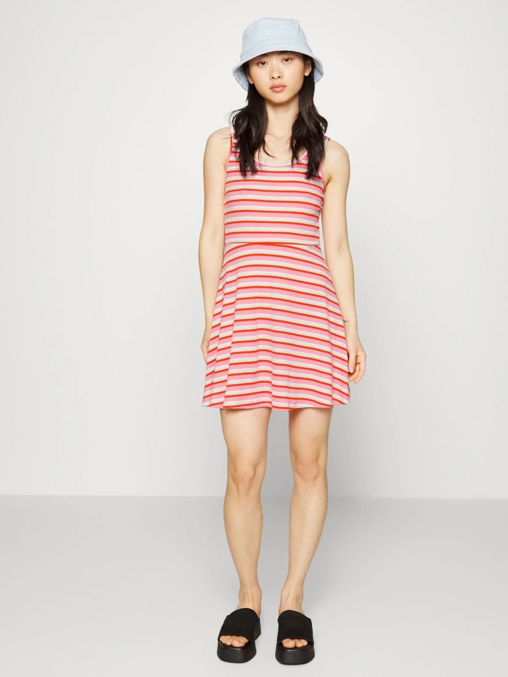 Vero Moda Ribbed Stripe Tank Dress in White, Yellow & Pink - Picture 2 of 7